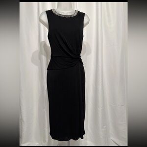 Anne Klein Black Ruched Holiday  Silver Beaded Neck Faux Wrap Dress Size 8